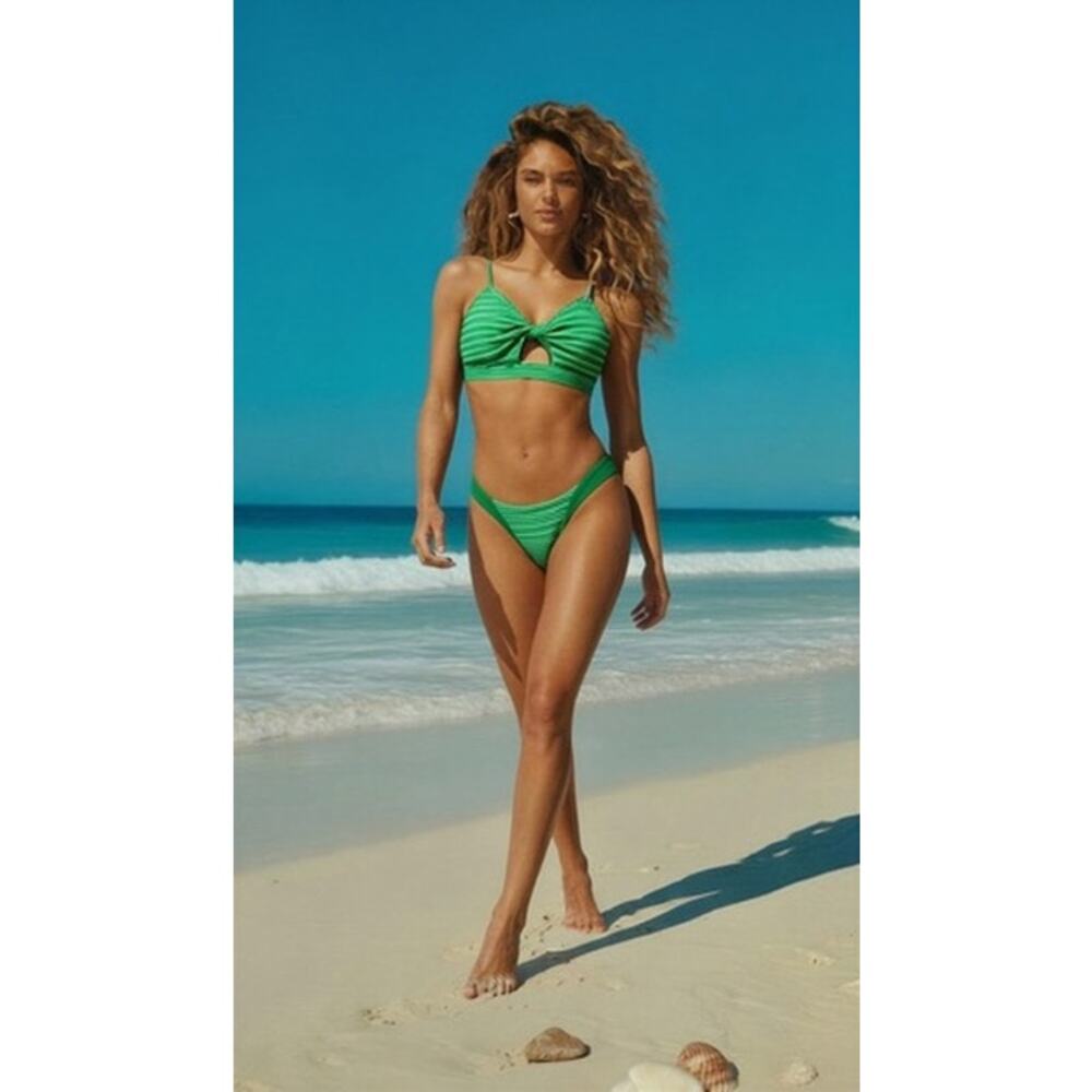 Womens Green Ribbed‎ 2-Piece Bikini Set Size XL Triangle Top High-Leg